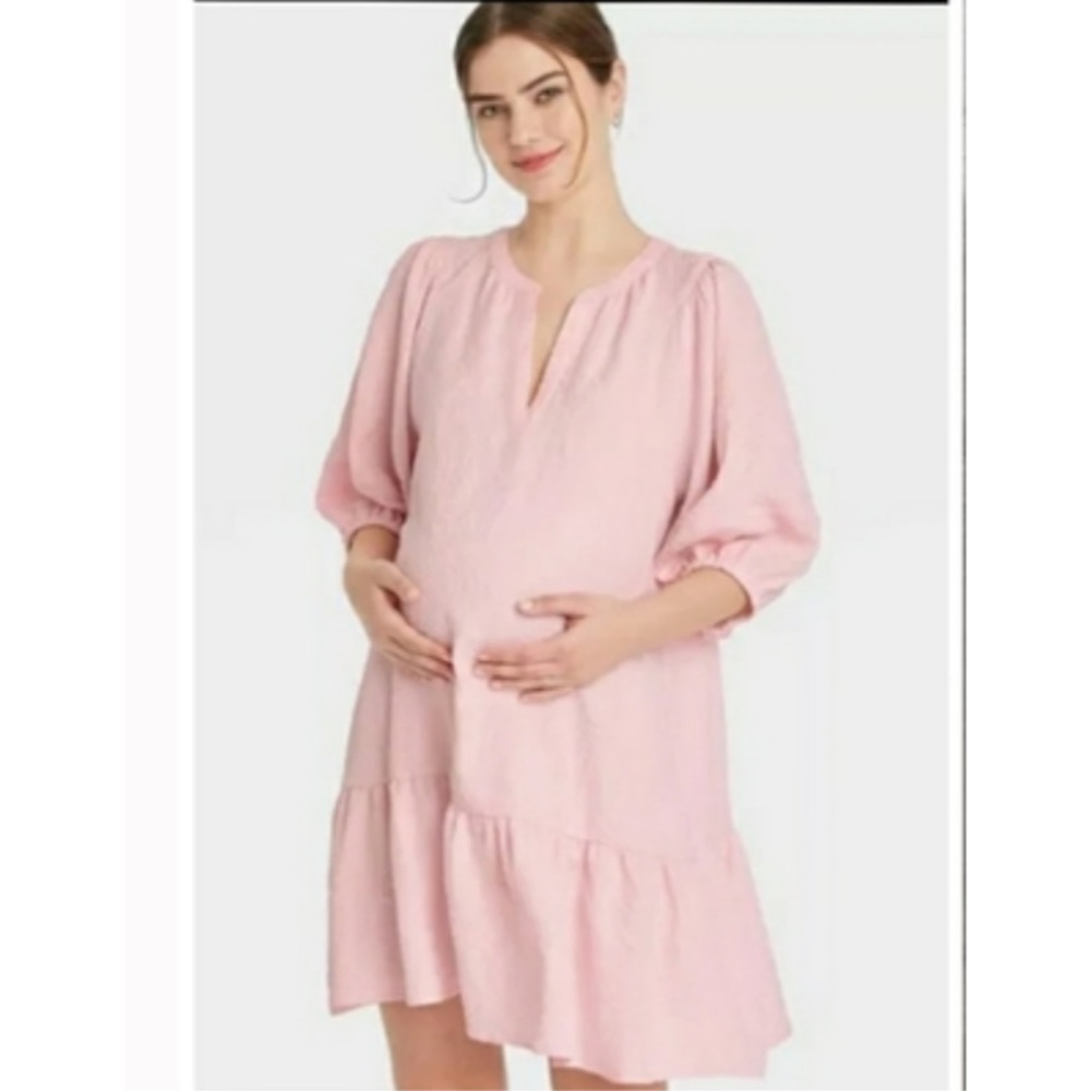 Pink puff sleeve dress The Nines by HATCH Blush Jacquard Maternity Dress Size L